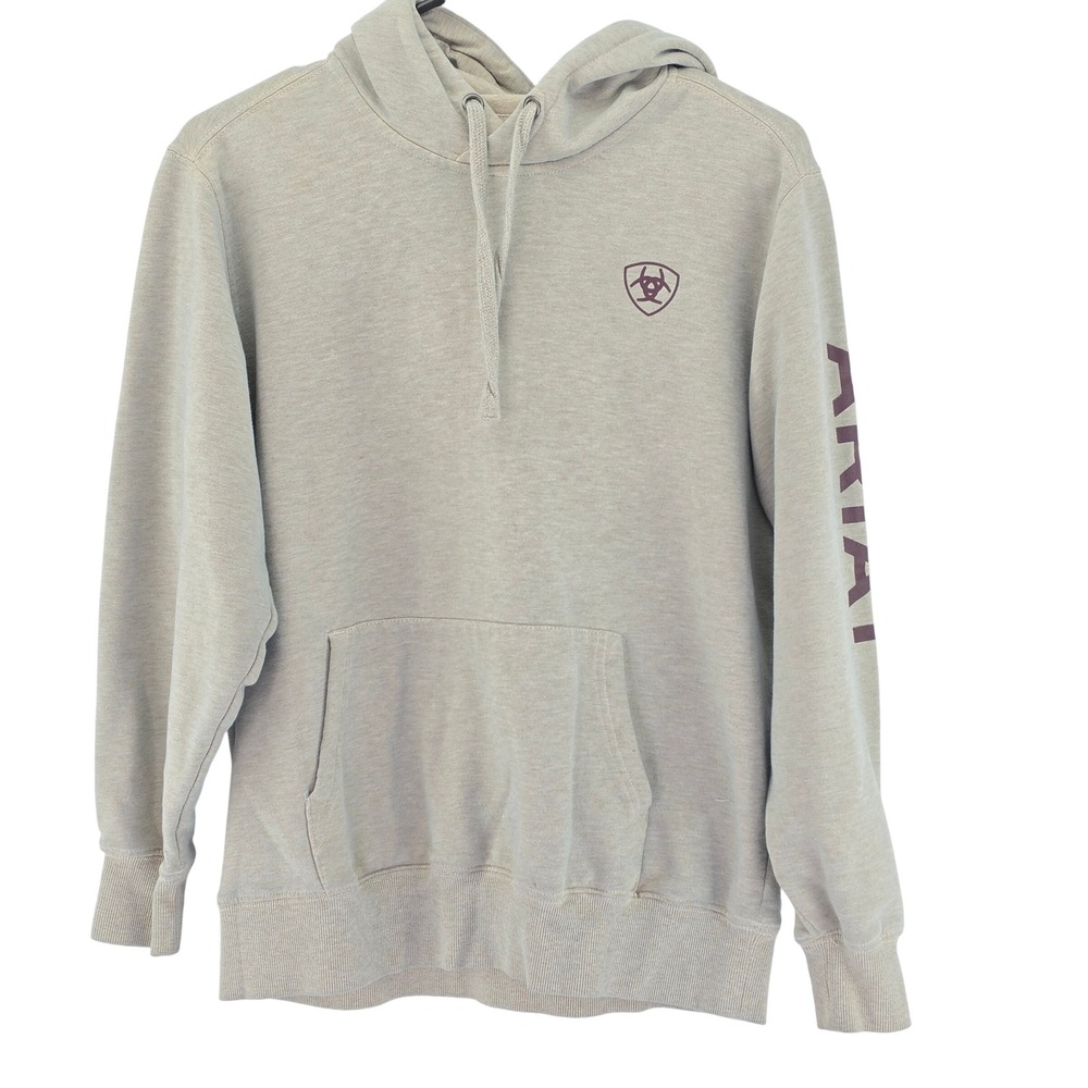 Ariat Real Hoodie Women Medium Oatmeal Heather Logo Sleeve Pullover Sweatshirt
